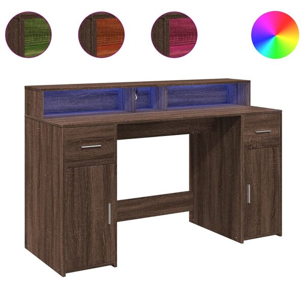 Barna tölgy színű szerelt fa íróasztal LED-ekkel 140x55x91 cm