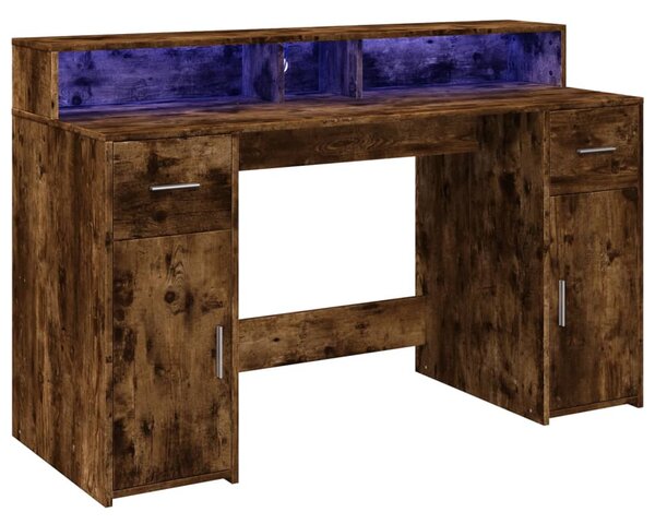 Füstös tölgy színű szerelt fa íróasztal LED-ekkel 140x55x91 cm