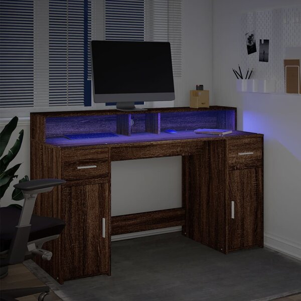 Barna tölgy színű szerelt fa íróasztal LED-ekkel 140x55x91 cm