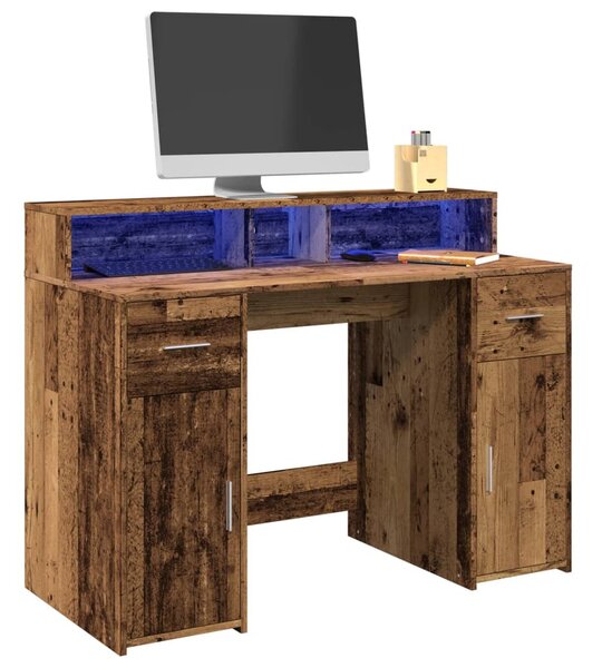 Antik fa színű szerelt fa íróasztal LED-ekkel 120 x 55 x 91 cm
