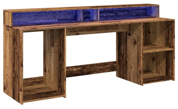 Antik fa színű szerelt fa íróasztal LED-ekkel 200 x 55 x 91 cm