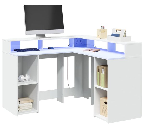Fehér szerelt fa íróasztal LED-világítással 130 x 130 x 91 cm