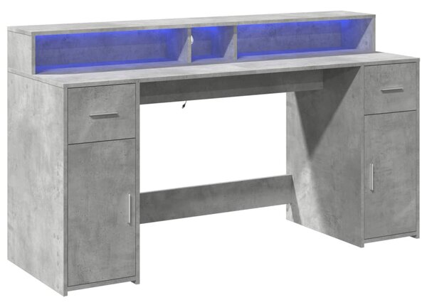 Betonszürke szerelt fa íróasztal LED-világítással 160x55x91 cm