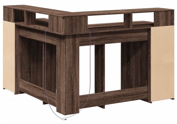 Barna tölgy színű szerelt fa íróasztal LED-ekkel 130x130x91 cm