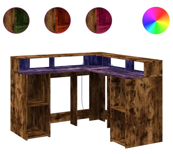 Füstös tölgy színű szerelt fa íróasztal LED-ekkel 130x130x91 cm