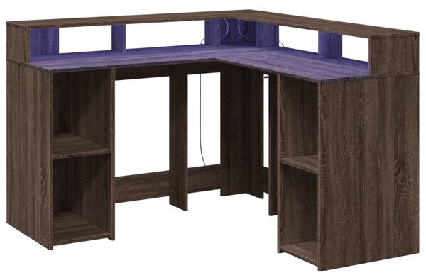 Barna tölgy színű szerelt fa íróasztal LED-ekkel 130x130x91 cm