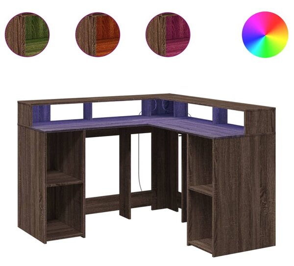 Barna tölgy színű szerelt fa íróasztal LED-ekkel 130x130x91 cm