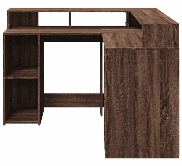 Barna tölgy színű szerelt fa íróasztal LED-ekkel 130x130x91 cm