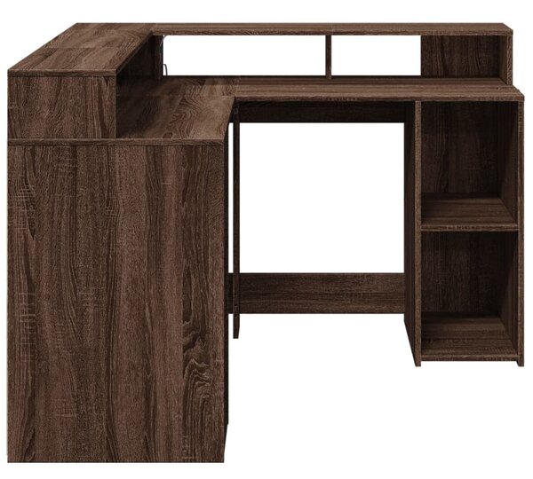 Barna tölgy színű szerelt fa íróasztal LED-ekkel 130x130x91 cm