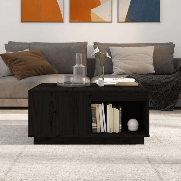Fekete Tömör Fenyőfa Dohányzóasztal - Tárolóval - 80x81x36,5 cm