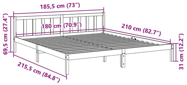 Fehér tömör fenyő extra hosszú ágykeret matrac nélkül 180x210cm