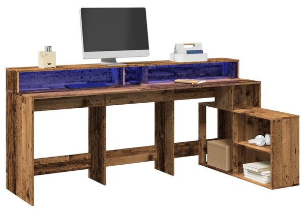 Antik fa színű szerelt fa íróasztal LED-ekkel 200 x 104 x 91 cm