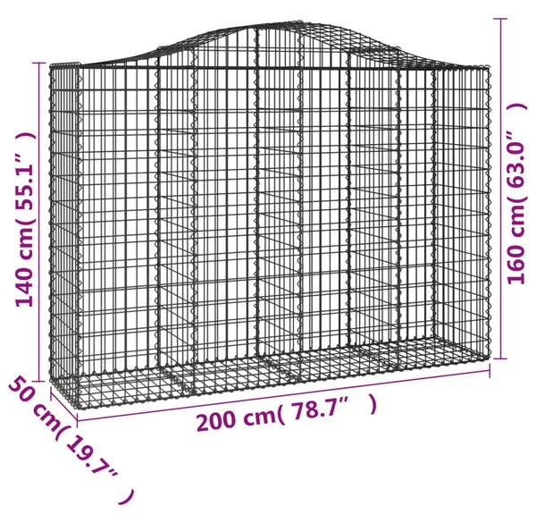 5 db íves horganyzott vas gabion kosár 200x50x140/160 cm