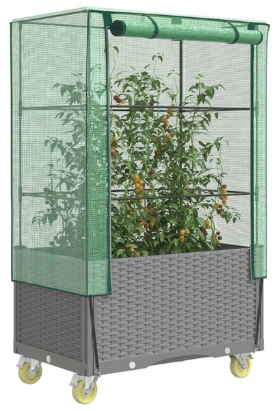Rattan megjelenésű magaságyás borítással/kerékkel 80x50x182 cm