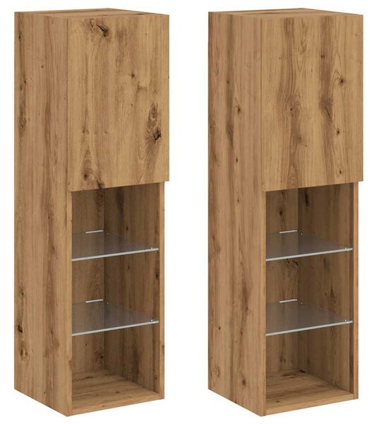 2 db kézműves tölgy TV-szekrény LED-lámpákkal 30,5x30x102 cm