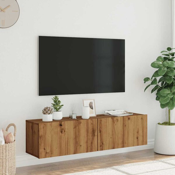Kézműves tölgy színű szerelt fa fali TV-szekrény 120x30x30 cm