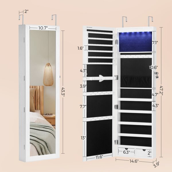 SONGMICS zárható tükrös ékszerrendszerező 6 LED-del, 120 cm, fehér
