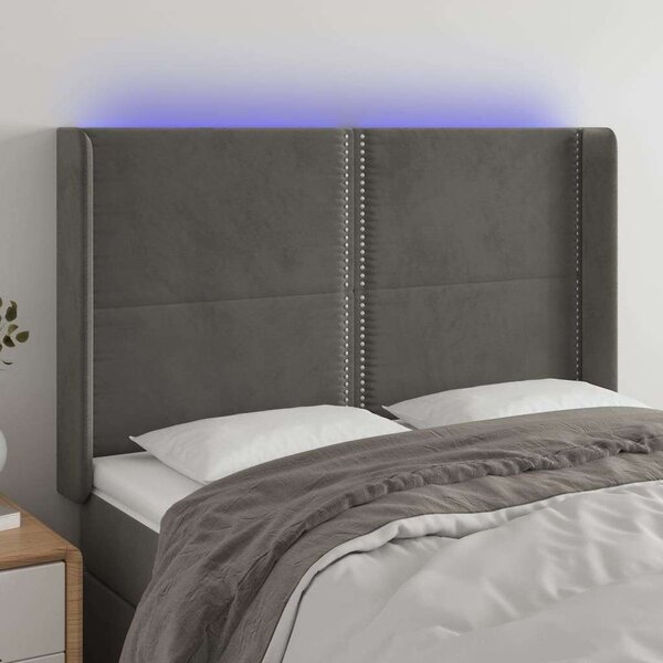 Sötétszürke bársony led-es fejtámla 147x16x118/128 cm