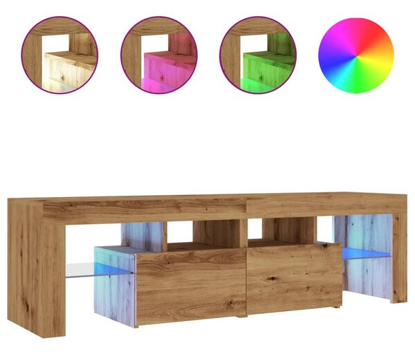 Kézműves tölgy szerelt fa TV-szekrény LED-ekkel 140x36,5x40 cm