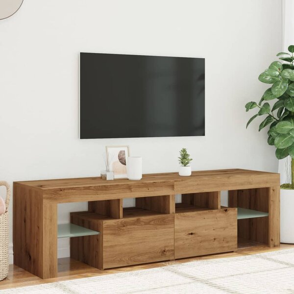 Kézműves tölgy szerelt fa TV-szekrény LED-ekkel 140x36,5x40 cm
