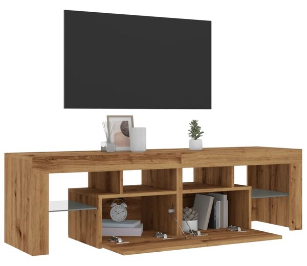 Kézműves tölgy szerelt fa TV-szekrény LED-ekkel 140x36,5x40 cm