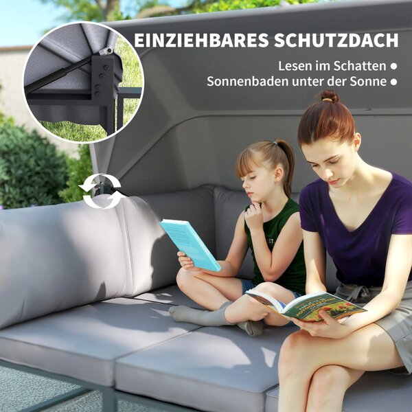 Outsunny kültéri bútorgarnitúra, 3 személyes kanapé baldachinnal, 2 szék, üveglapú dohányzóasztal, 12 párna, acél váz, szürke