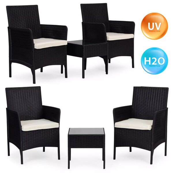 Kerti bútorszett, MultiGarden DN602-1-3, fekete, rattan hatású, időjárásálló, 3 részes, asztal: 41,5 x 41,5 cm, 2 fotel, edzett üveg asztallap, párnákkal