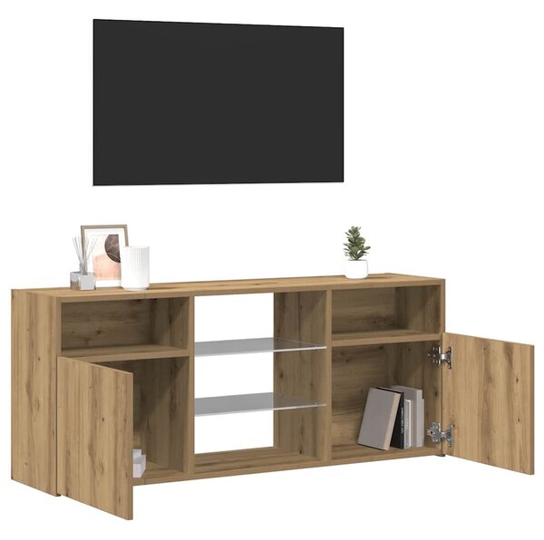 Kézműves tölgy szerelt fa TV-szekrény LED-ekkel 120x30x50 cm