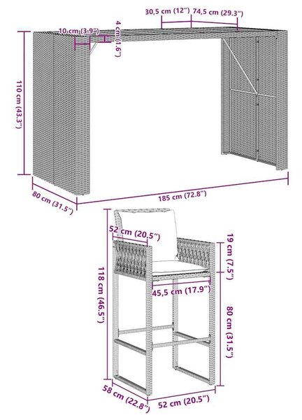7 részes kerti bárkészlet párnákkal szürke polirattan akác