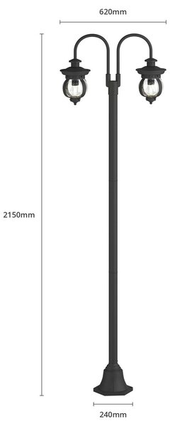 Lindby kültéri lámpa Farley, 215 cm, 2-lámpás, IP44, E27, dimmelhető, Fekete, fém, Antik
