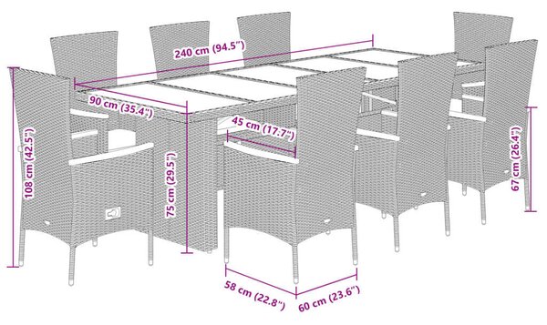 VidaXL Polyrattan Kerti Étkezőgarnitúra - 9 részes - Szürke