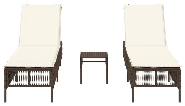 2 db barna polyrattan napozóágy asztallal