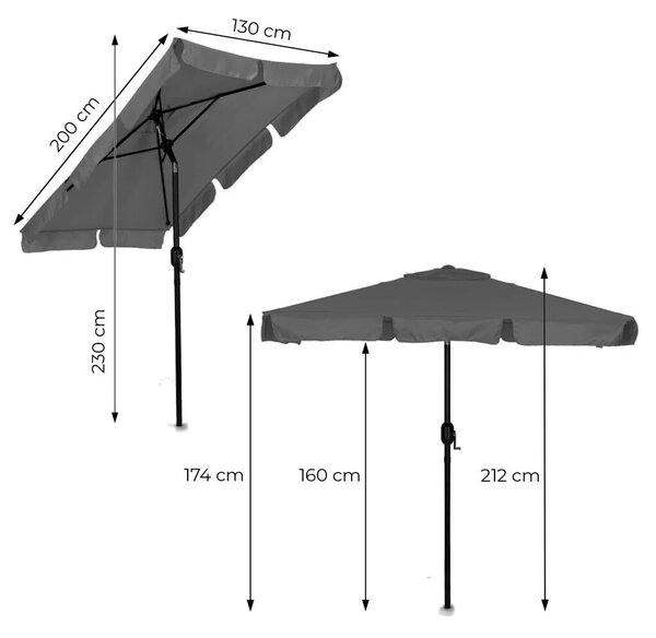 Kerti napernyő, MultiGarden SL-UM019-4, szürke, téglalap alakú, 200 x 130 cm, magasság: 212 cm, tekerőkarral, 38 mm acél rúd, 4 szegmens, dönthető, UV-álló, esőálló, 160 g/m2