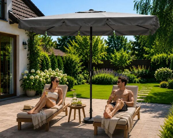 Kerti napernyő, MultiGarden SL-UM019-4, szürke, téglalap alakú, 200 x 130 cm, magasság: 212 cm, tekerőkarral, 38 mm acél rúd, 4 szegmens, dönthető, UV-álló, esőálló, 160 g/m2