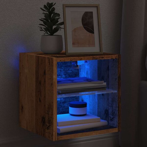 Antik fa színű fali TV-szekrény LED-világítással 30x28,5x30 cm