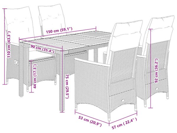 VidaXL Polyrattan Kerti Étkezőgarnitúra - 5 részes - Szürke