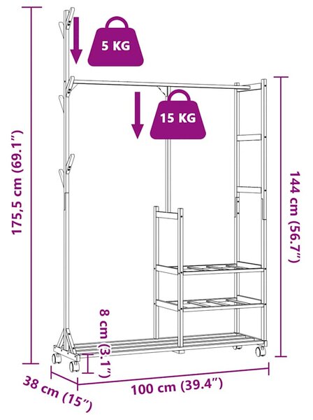 Bambusz ruhaállvány polcokkal és kerekekkel 100x38x175,5 cm