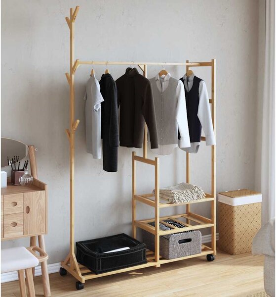 Bambusz ruhaállvány polcokkal és kerekekkel 100x38x175,5 cm