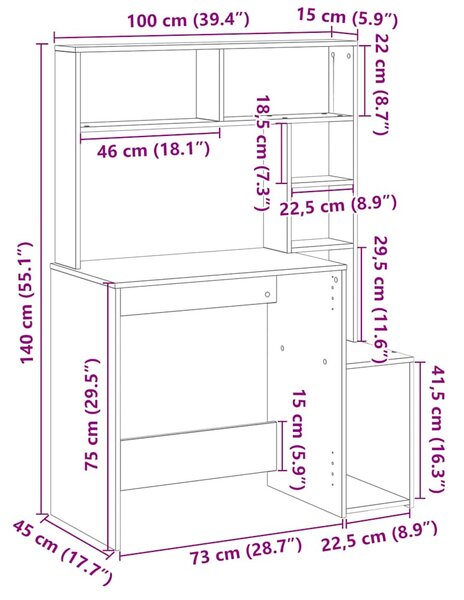 Sonoma tölgy szerelt fa íróasztal polcokkal 100x45x140 cm