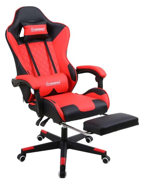 Herzberg Gamer Szék - Kihajtható Lábtartó - Piros