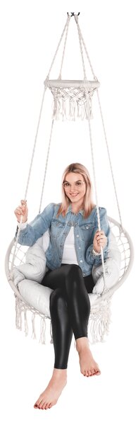 KONDELA Függő hintaszék bojtokkal, fehér, DELUS