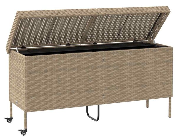 Bézs polyrattan kerti tárolóláda kerekekkel 160x55x75 cm
