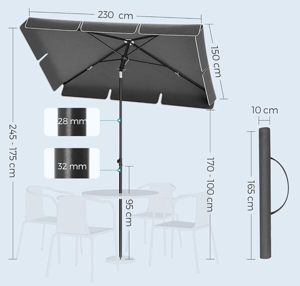 SONGMICS napellenző teraszra vagy kertre állítható, 2 irányba dőlhető, UV-védelem UPF 50+, tokkal, 230x150 cm, szürke