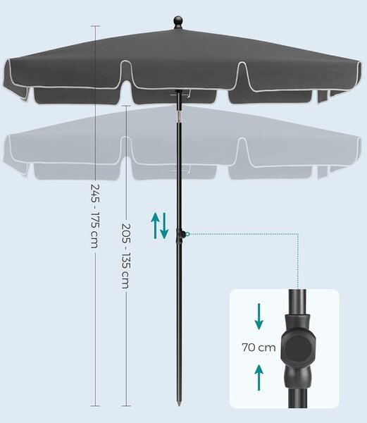 SONGMICS napellenző teraszra vagy kertre állítható, 2 irányba dőlhető, UV-védelem UPF 50+, tokkal, 230x150 cm, szürke