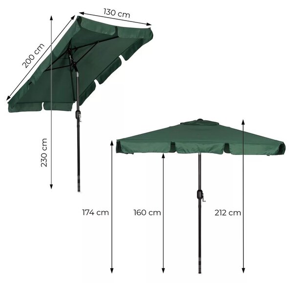 Kerti napernyő, MultiGarden SL-UM019-9, zöld, téglalap alakú, 200 x 130 cm, magasság: 212 cm, tekerőkarral, 38 mm acél rúd, 4 szegmens, dönthető, UV-álló, esőálló, 160 g/m2