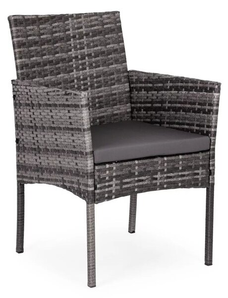 Kerti bútorszett, MultiGarden ESO-F368-4-4, szürke, rattan, időjárásálló, 3 részes, asztal 42 x 42 cm, 2 szék, acél váz, 5 mm edzett üveg asztallap, párnákkal