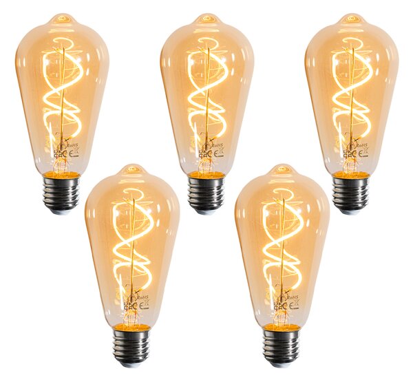 5 darabos E27 dimmelhető LED izzókészlet spirál szál ST64 arany 4W 270 lm 2100K