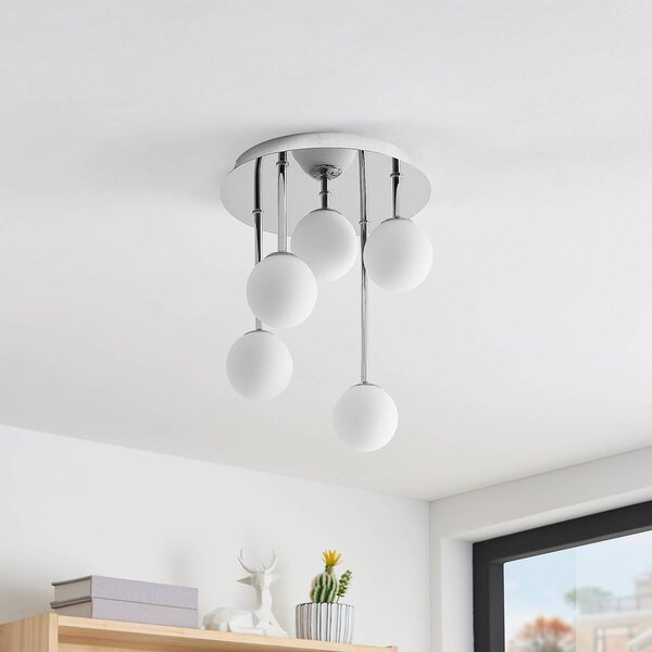 Lindby mennyezeti lámpa Chrissy, Ø 27 cm, króm, 5 lámpás, üveg, dimmelhető, Króm / ezüst, Nappali / Étkező, fém, Modern