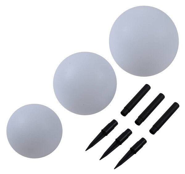 Lindby LED napelemes lámpák Lago, 3 darabos szett, gömbök, földi tüske, fehér, Fehér / opál, Műanyag, Modern