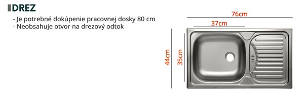 Alsó konyhaszekrény mosogató alatt Milo 80 ZL 2F BB (szürke + szürke fényes)